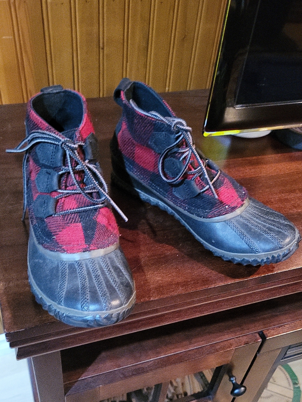 Women's Waterproof Sorel Out 'n About Duck Boots with Red/Black Plaid Upper